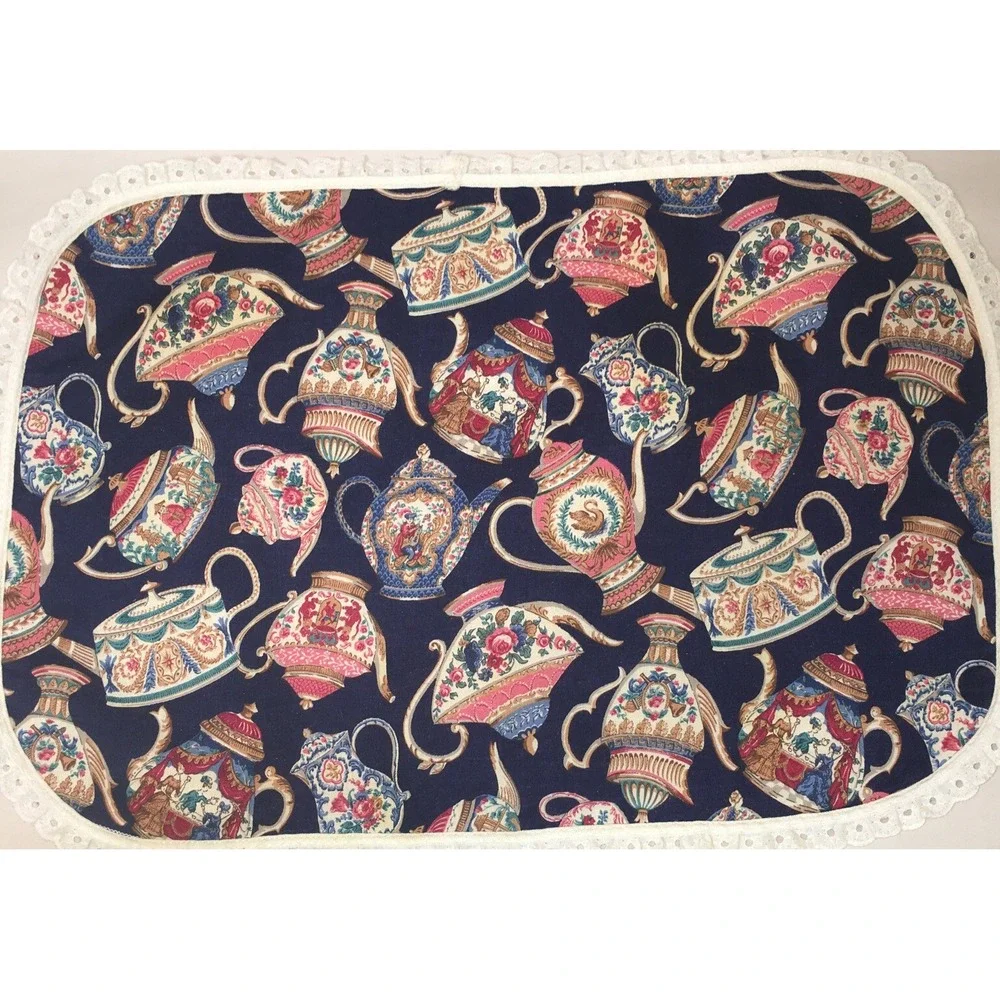 Fabric Kitchen Placemat of Vintage Teapots  Navy w Cream Lace Trim